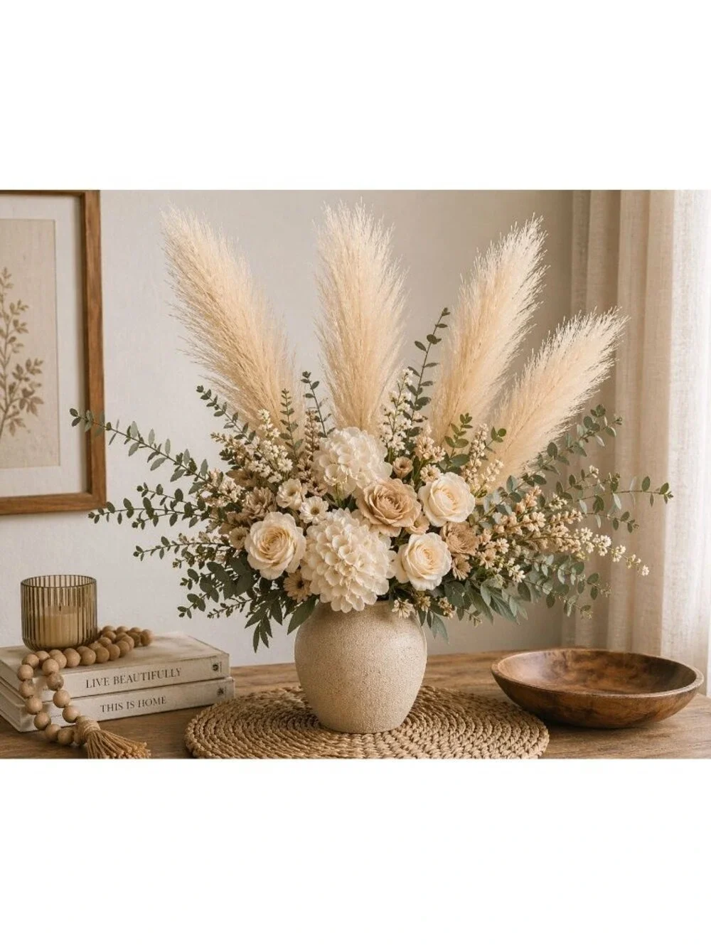 Cream Pampas Grass 3 Stem Faux Pampas Beige Neutral Vase Filler Farmhouse